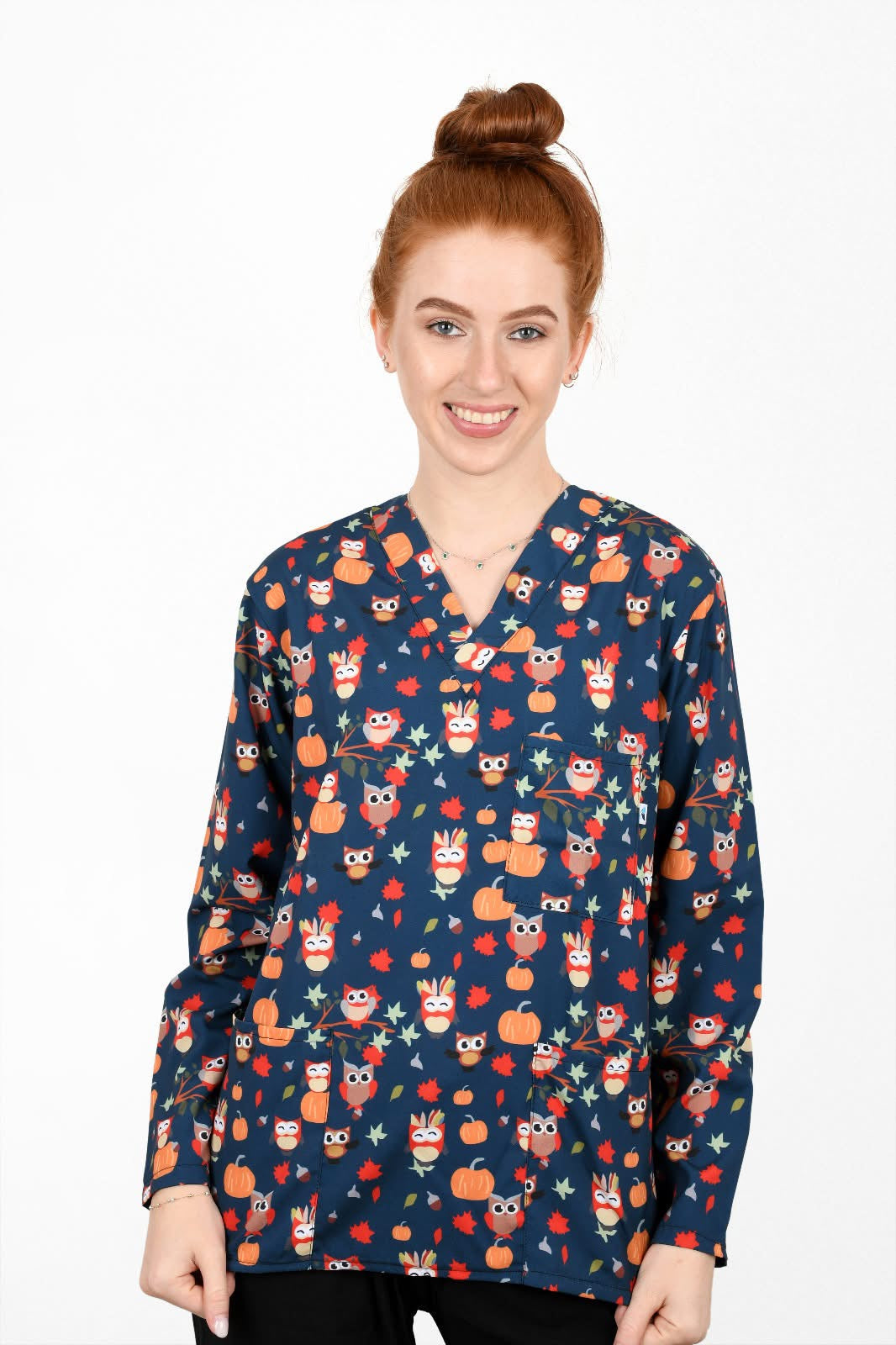 Owl Print Scrab – Calm, Smart & Comfy … اسكــراب بومة كحلية – خفة وأناقة