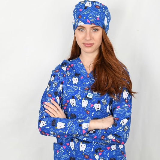 Blue Tooth Medical Top – Tooth Prints for Dentists اسكراب طبي برسومات أسنان  |تــوب مثالي لأطباء الأسنان