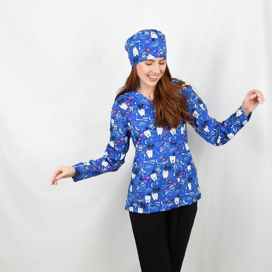 Blue Tooth Medical Scrub – Tooth Prints for Dentists …    اســراب طبي برسومات أسنان | مثالي لأطباء الأسنان