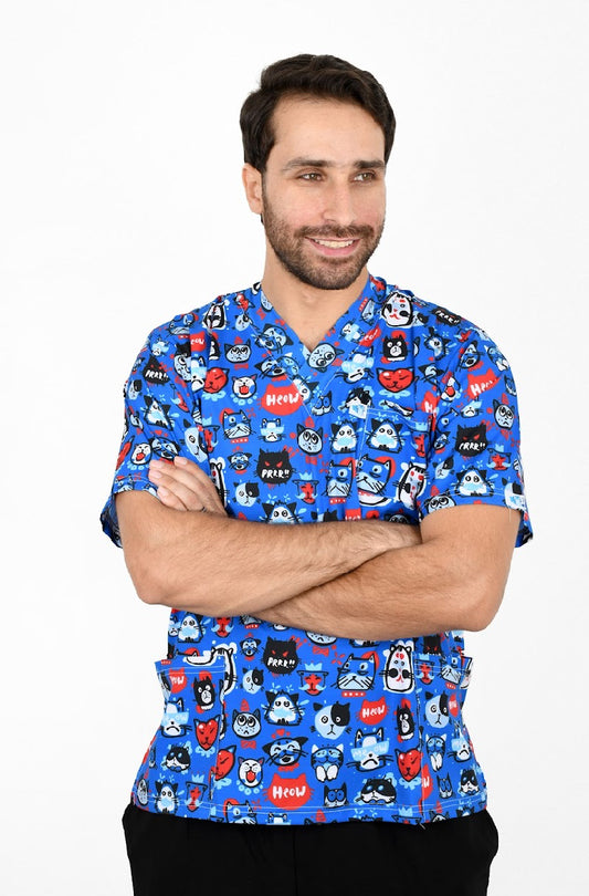 Meow Medical Top – Cute Cat Print for Pediatricians & Vets تــوب طبي لطيف برسوم قطط | مثالي لأطباء الأطفال والبيطريين”