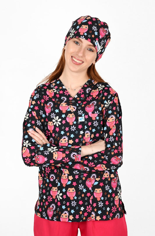 Pink Owl – Whimsical Top for Pediatricians & Vets with Heart …  Pink Owl – تــوب لطيف وخيالي لأطباء الأطفال والبيطريين بقلب كبير!